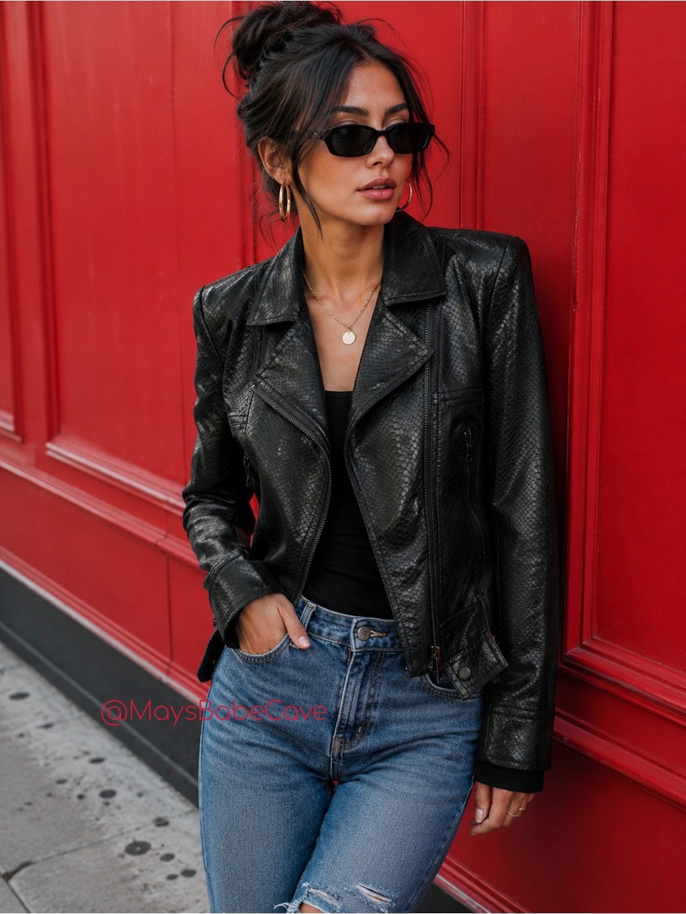 Alice + Olivia Black Python Embossed Lamb Leather Moto Jacket Small